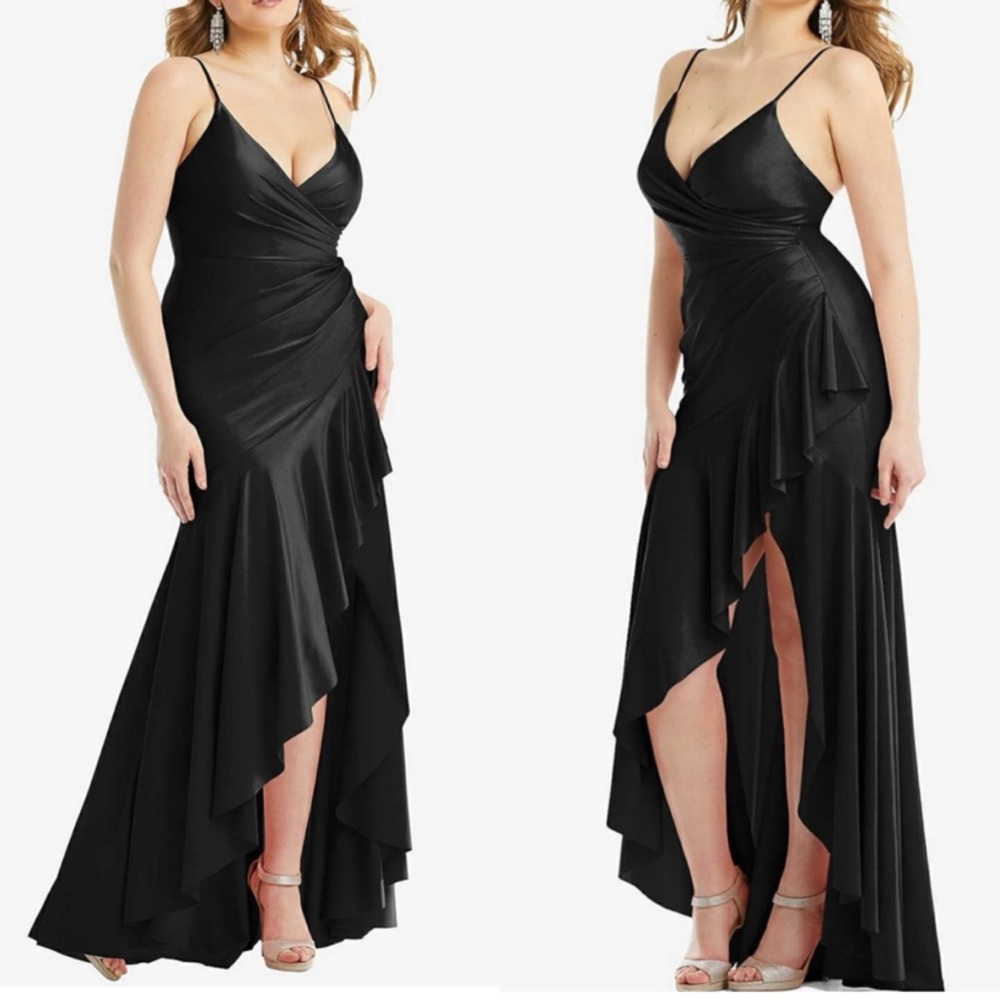 CYNTHIA & SAHAR GABRIELLA CS111 LUXE STRETCH SATIN Gown Black Pleated Ruffle - Picture 4 of 8